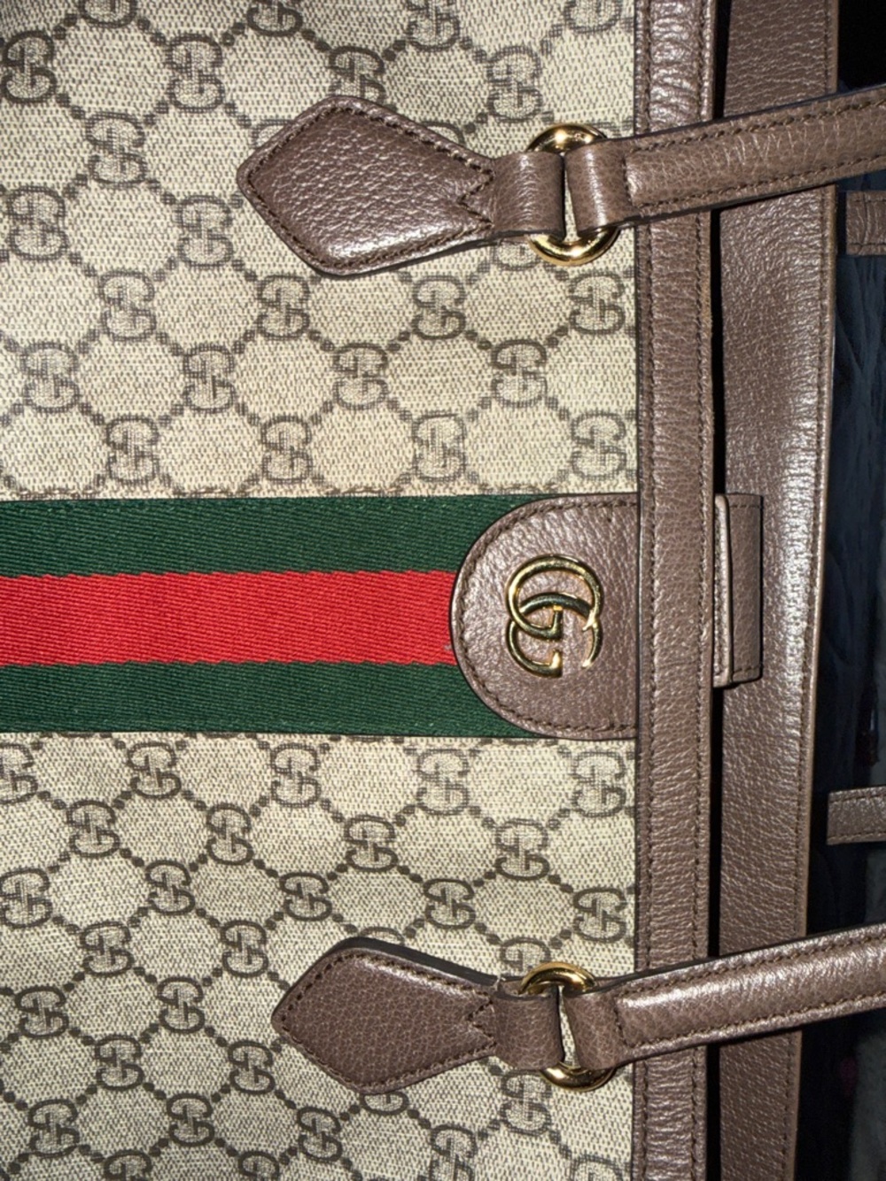Gucci Beige GG Supreme Tote with Brown Leather and Red/Green Stripe - Picture 2 of 12